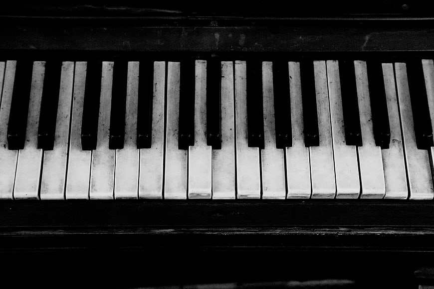 Vintage black and white piano keys close up