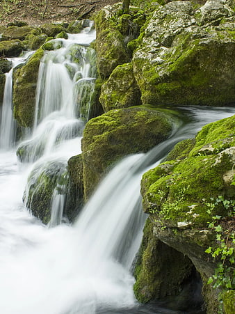 Mossy waterfall cascading over rocks in a forest