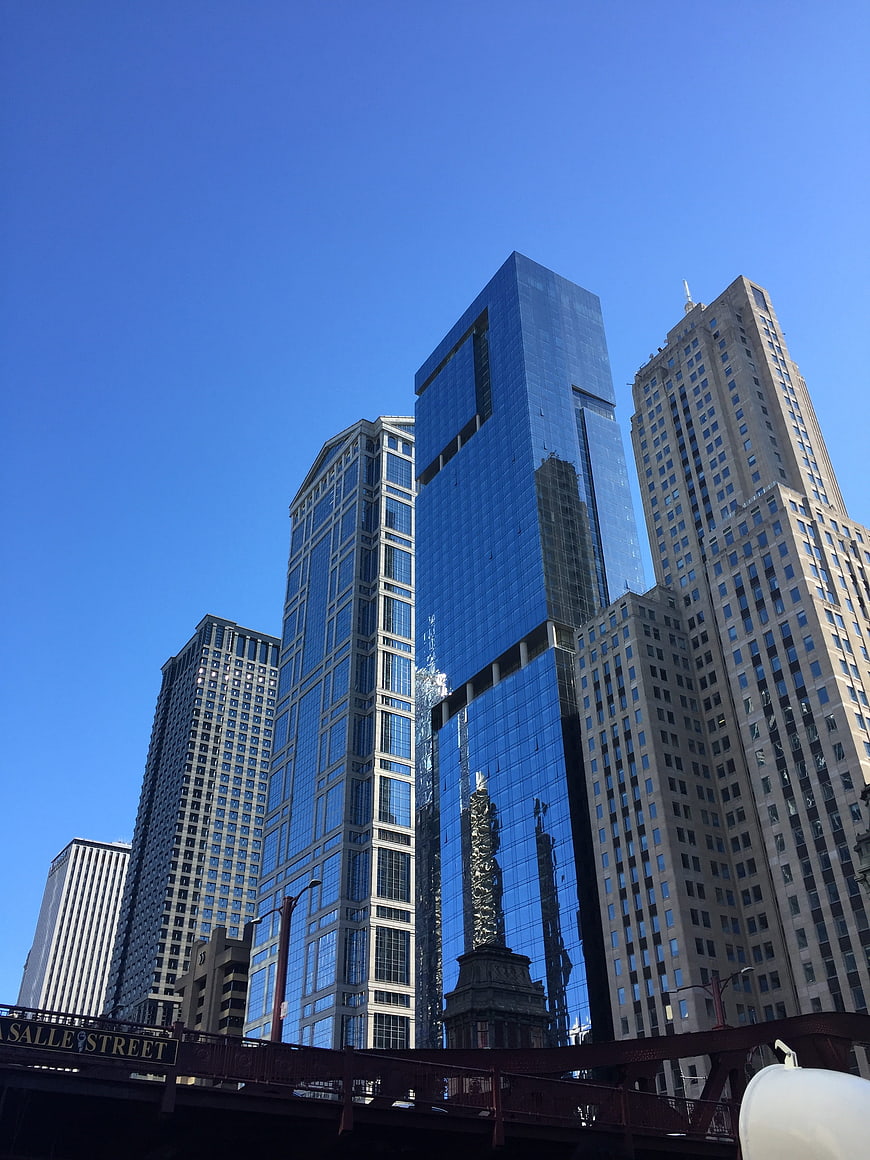 Chicago Skyscrapers and Bridge Against Blue Sky