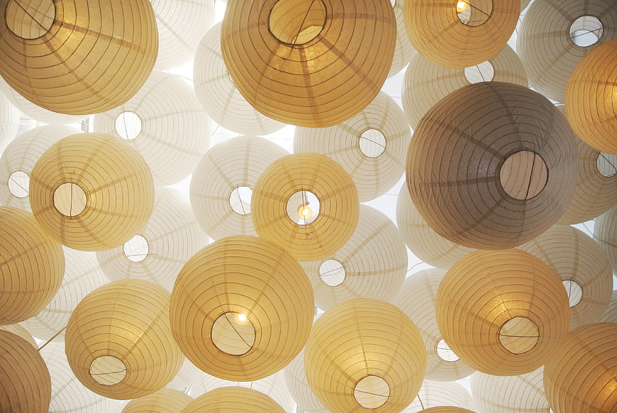 Low angle view of hanging paper lanterns ceiling decoration