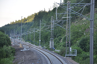 Railway tracks with overhead catenary system in forest