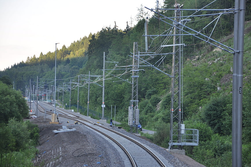 Railway tracks with overhead catenary system in forest