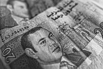 Close-up of Moroccan 20 Dirham Banknote in Black and White