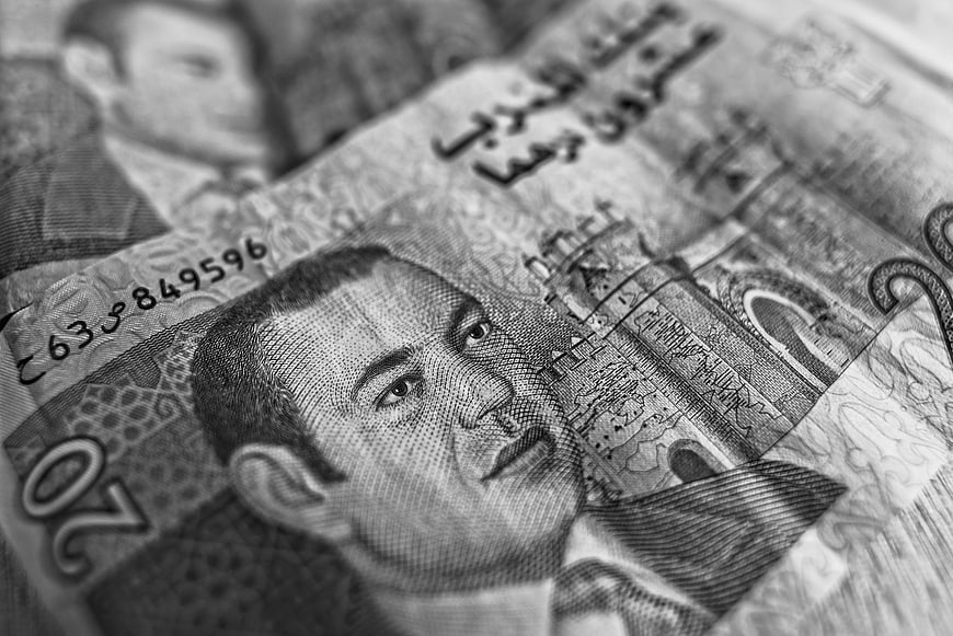 Close-up of Moroccan 20 Dirham Banknote in Black and White