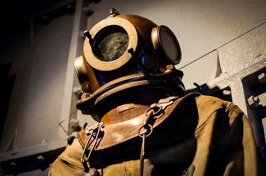 Vintage Brass Diving Helmet and Suit Display