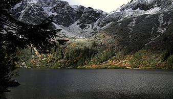Snowy Mountain Peaks Over Autumn Lake in Tatra Mountains