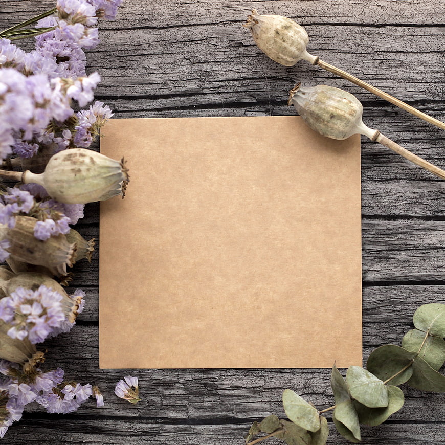 Kraft paper sheet with dried lavender and poppy pods on rustic wood