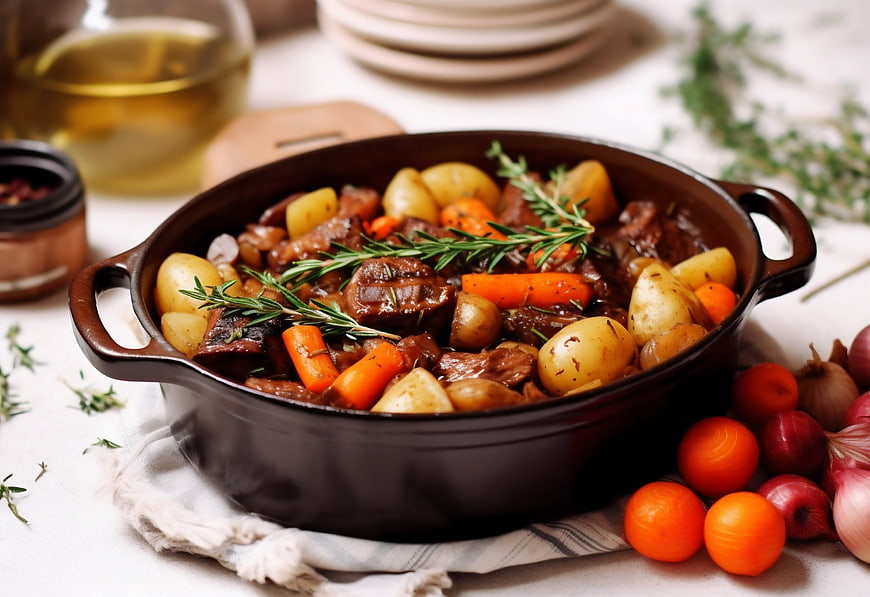 Hearty Beef Stew with Potatoes and Carrots in Cast Iron Pot