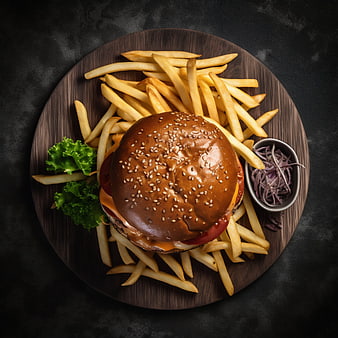Top View Gourmet Burger with Fries on Wooden Board