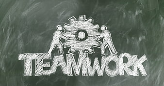 Chalkboard drawing of teamwork concept with gears and people