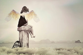 Woman with angel wings sitting on stone pillar in clouds