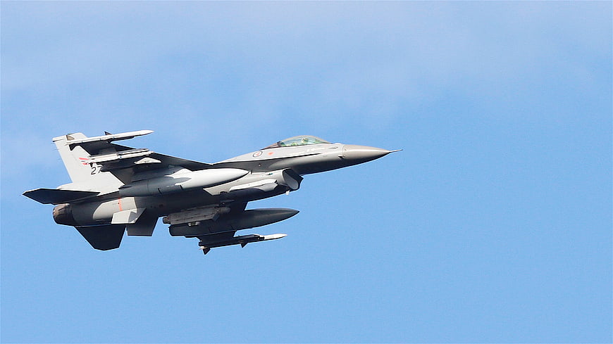 Military fighter jet flying against clear blue sky