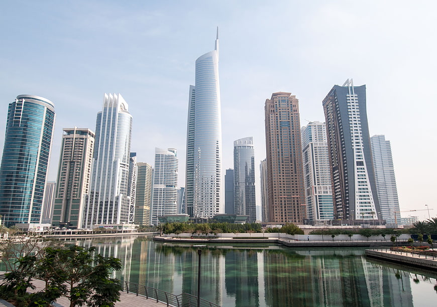 Dubai Marina skyline with skyscrapers and water reflections