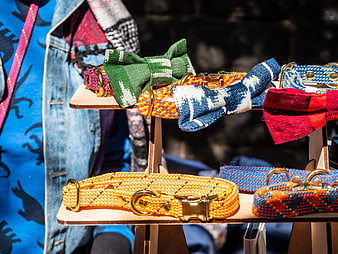 Colorful Woven Dog Collars and Bow Ties on Wooden Stand