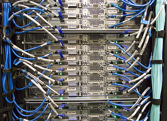 Dense Server Rack With Blue Cables And Network Switches