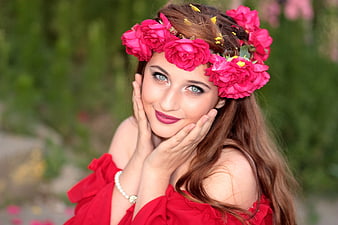 Beautiful Woman with Pink Flower Crown in Red Dress