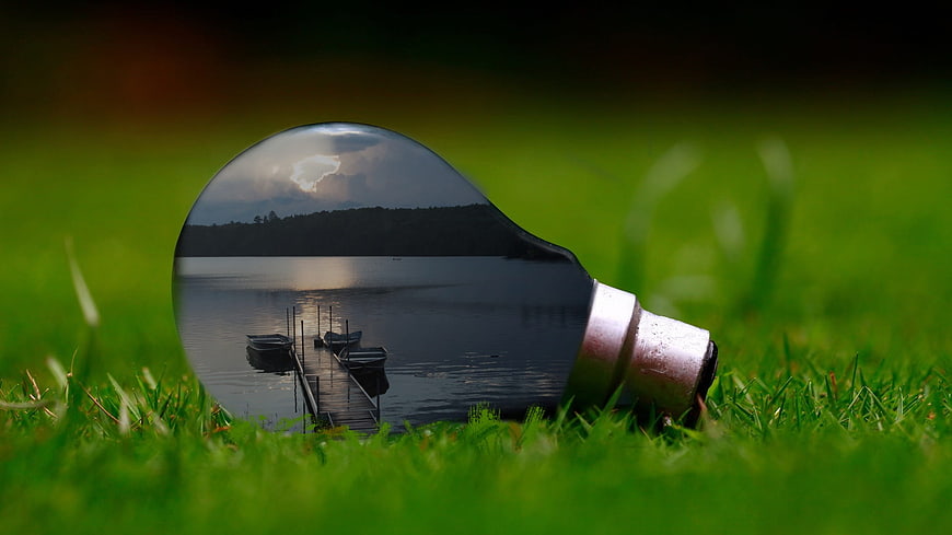 Light bulb with lake reflection on green grass