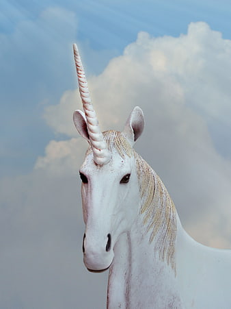 White Unicorn Statue Head Against Blue Sky With Clouds