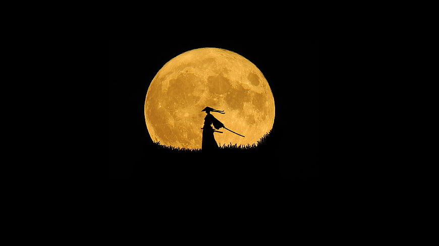 Samurai Silhouette Against Giant Full Moon
