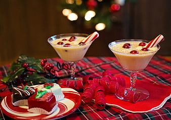 Festive Christmas Eggnog and Holiday Desserts on Plaid Table