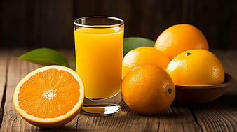 Fresh Orange Juice and Whole Oranges on Wooden Table