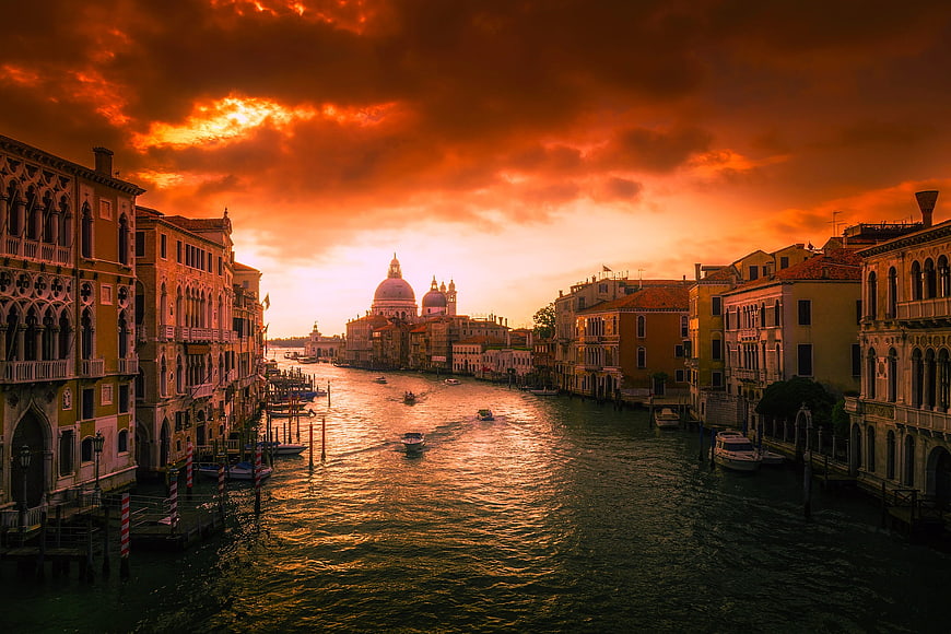 Dramatic Sunset Over Venice Grand Canal with Boats