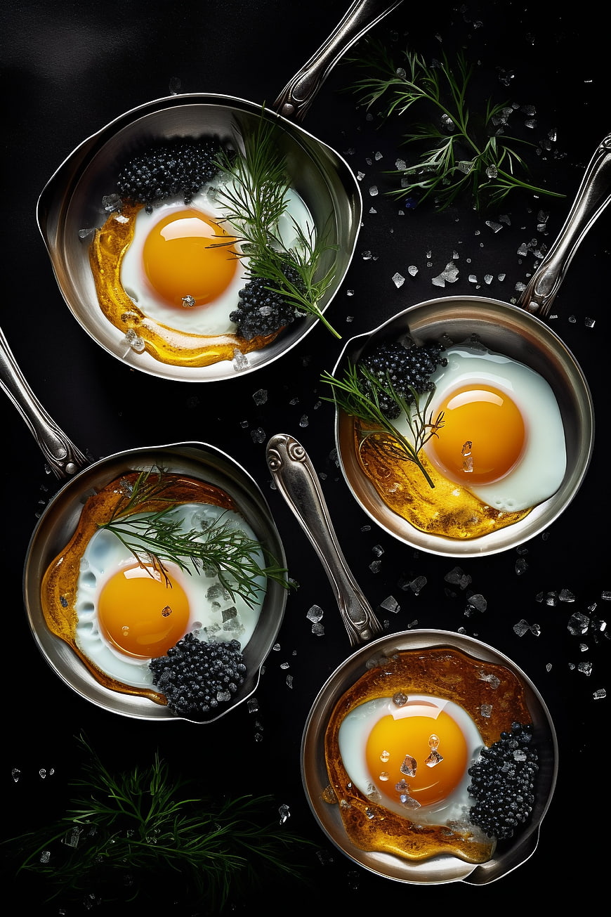 Luxury fried eggs with caviar and dill in silver pans