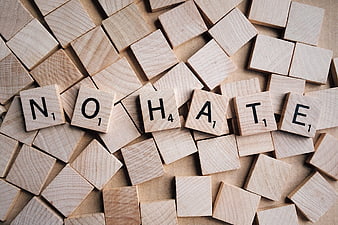 Wooden Scrabble Tiles Spelling No Hate on Scattered Background