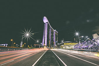 Marina Bay Sands Singapore Night Skyline with Light Trails