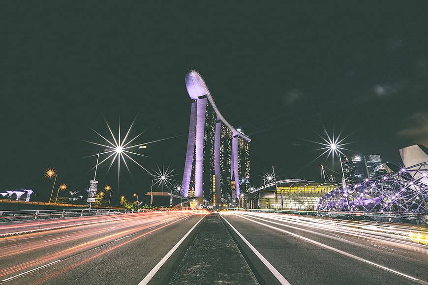 Marina Bay Sands Singapore Night Skyline with Light Trails