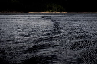 Dark moody ocean waves with distant forest shoreline