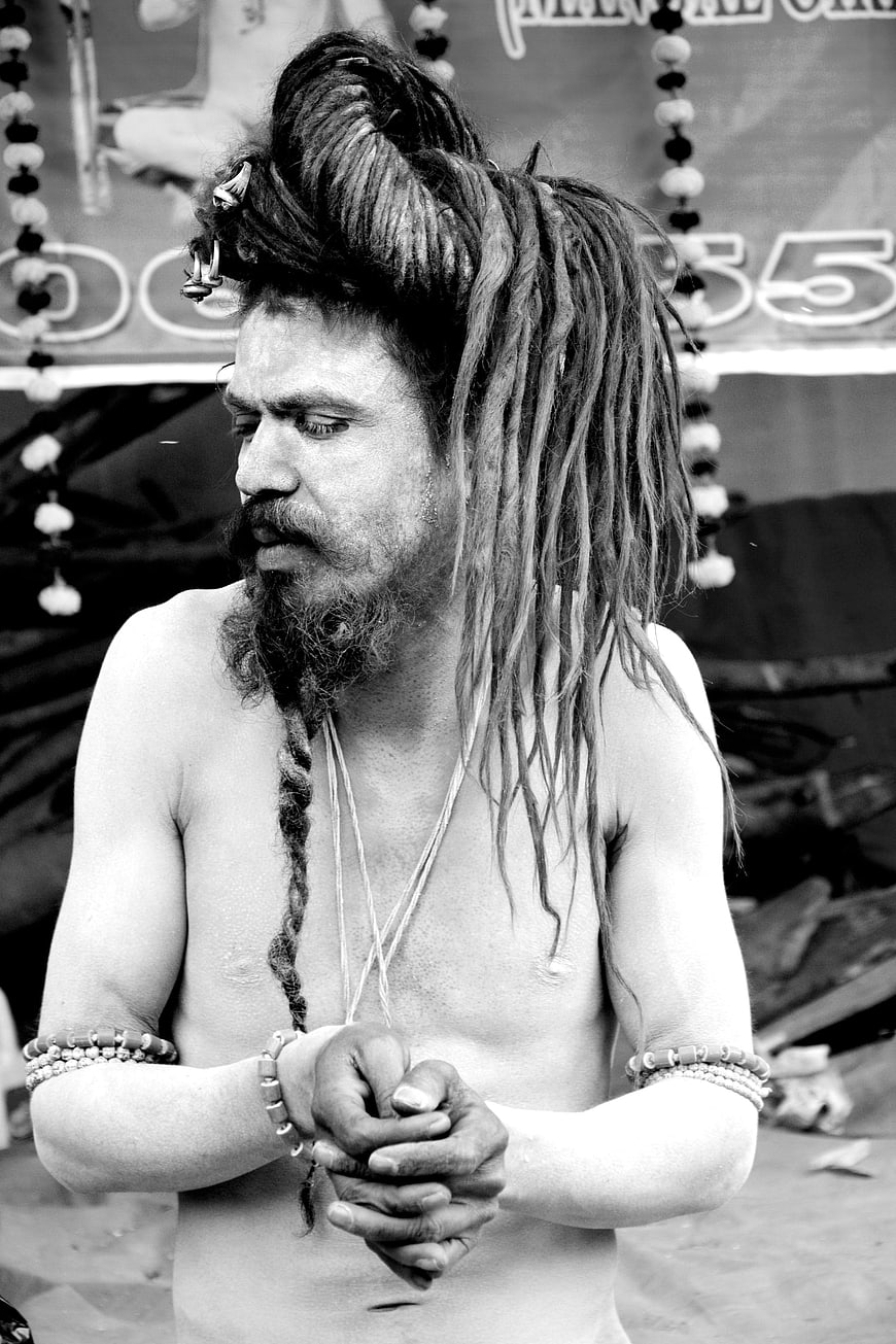 Portrait of Hindu Sadhu with Dreadlocks in Black and White