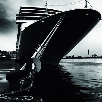 Dramatic Black and White Low Angle of Docked Cruise Ship