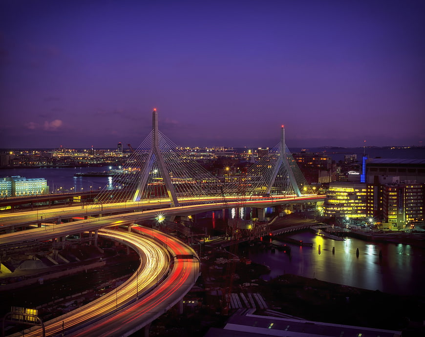 Bunker Hill Bridge Boston Night Traffic Light Trails