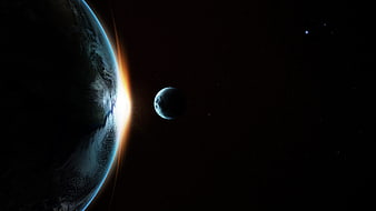 Earth and Moon Transit During Sunrise in Deep Space