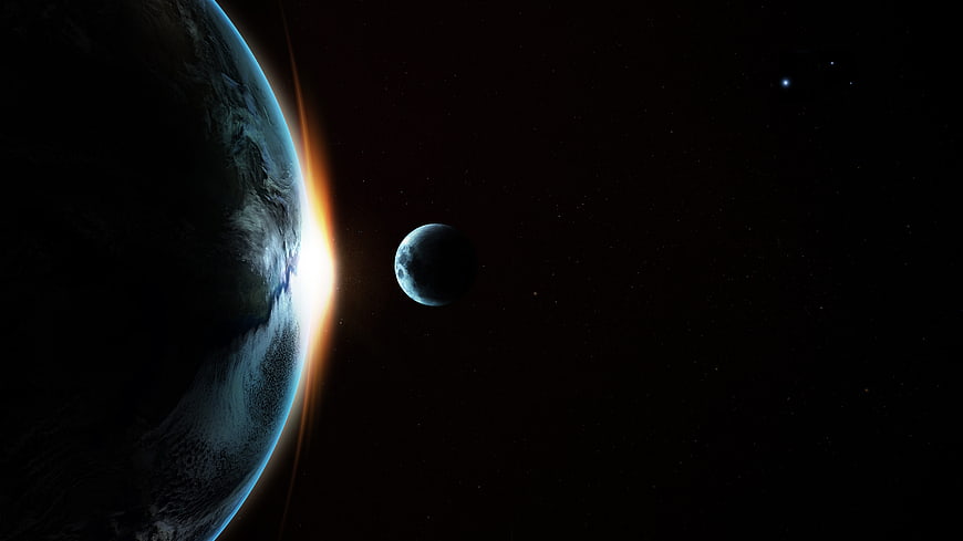 Earth and Moon Transit During Sunrise in Deep Space