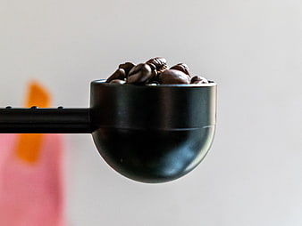 Black Scoop with Roasted Coffee Beans on White Background