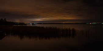 Dark Night Lake with Reeds and Distant City Lights