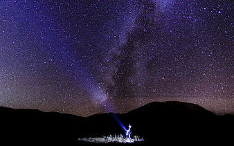 Man with Flashlight Under Milky Way Night Sky