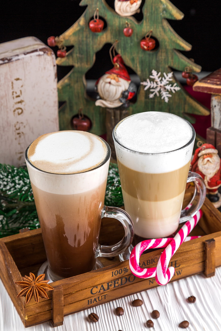 Christmas Latte and Cappuccino with Candy Canes and Decorations