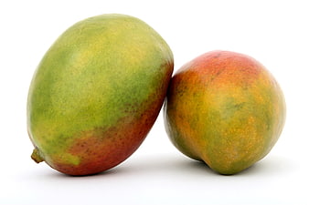 Two fresh ripe mangoes on white background