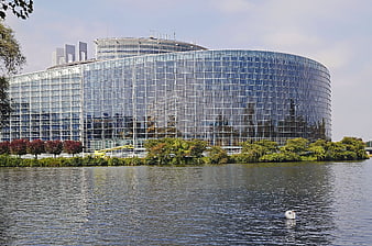 European Parliament Building in Strasbourg by the River Ill