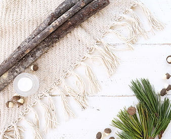 Rustic winter flat lay with pine branches and wooden sticks
