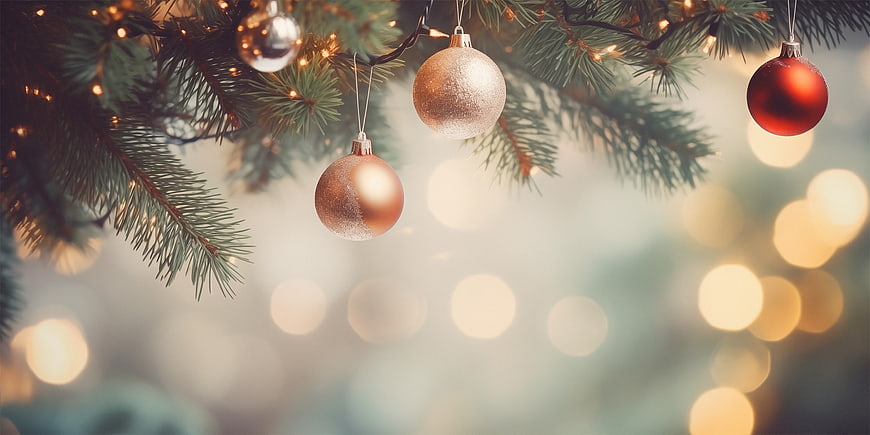 Christmas Tree Branches with Baubles and Bokeh Lights