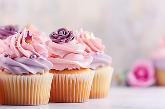 Pastel Pink and Purple Frosted Cupcakes with Edible Flowers