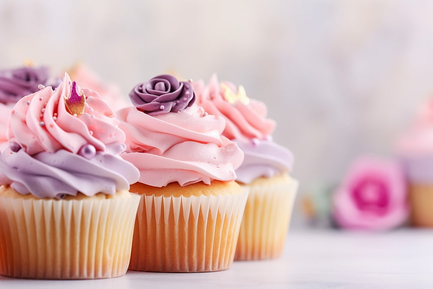 Pastel Pink and Purple Frosted Cupcakes with Edible Flowers