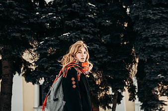 Blonde Woman in Orange Scarf Winter Portrait