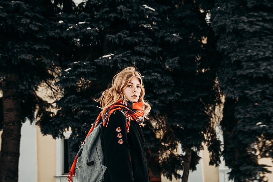 Blonde Woman in Orange Scarf Winter Portrait