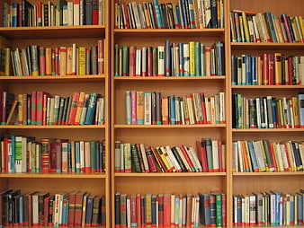 Colorful Books on Wooden Library Shelves