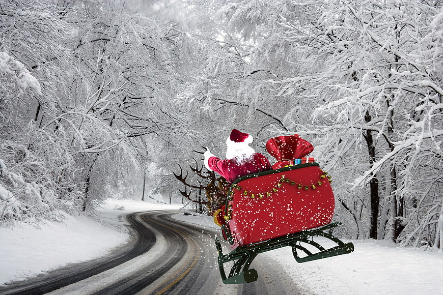 Santa Claus Flying Sleigh on Snowy Winter Road